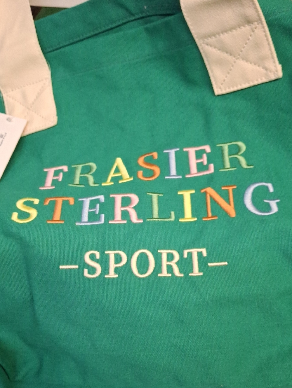 Fraser Sterling Sport Green Canvas Tote 13x9x13 Cream Handles - Picture 2 of 2
